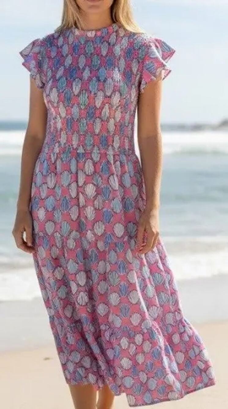 Simply Southern Dress Maxi Shell Novelty Tiered Preppy Beach Pink Blue Size L